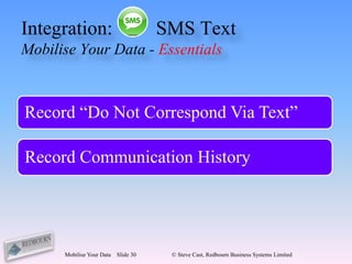 Integration:                          SMS Text
Mobilise Your Data - Essentials



Record “Do Not Correspond Via Text”

Record Communication History




      Mobilise Your Data   Slide 30    © Steve Cast, Redbourn Business Systems Limited
 