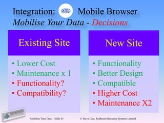 Integration:    Mobile Browser
Mobilise Your Data - Decisions

 Existing Site                                            New Site
• Lower Cost                                   • Functionality
• Maintenance x 1                              • Better Design
• Functionality?                               • Compatible
• Compatibility?                               • Higher Cost
                                               • Maintenance X2
     Mobilise Your Data   Slide 43   © Steve Cast, Redbourn Business Systems Limited
 