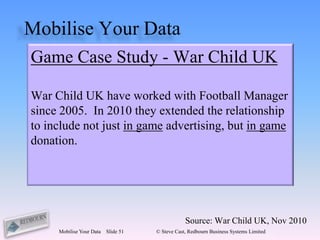 Mobilise Your Data
Game Case Study - War Child UK

War Child UK have worked with Football Manager
since 2005. In 2010 they extended the relationship
to include not just in game advertising, but in game
donation.




                                                 Source: War Child UK, Nov 2010
     Mobilise Your Data   Slide 51   © Steve Cast, Redbourn Business Systems Limited
 