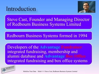 Introduction
Steve Cast, Founder and Managing Director
of Redbourn Business Systems Limited

Redbourn Business Systems formed in 1994

Developers of the Advantage Fundraiser
integrated fundraising, membership and
alumni database and Advantage Box Office
integrated fundraising and box office systems

        Mobilise Your Data   Slide 8 © Steve Cast, Redbourn Business Systems Limited
 