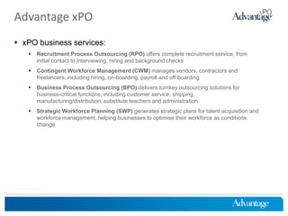 Advantage xPO
 xPO business services:
            Recruitment Process Outsourcing (RPO) offers complete recruitment service, from
             initial contact to interviewing, hiring and background checks
            Contingent Workforce Management (CWM) manages vendors, contractors and
             freelancers, including hiring, on-boarding, payroll and off-boarding
            Business Process Outsourcing (BPO) delivers turnkey outsourcing solutions for
             business-critical functions, including customer service, shipping,
             manufacturing/distribution, substitute teachers and administration
            Strategic Workforce Planning (SWP) generates strategic plans for talent acquisition and
             workforce management, helping businesses to optimise their workforce as conditions
             change




HireThinking.com
 