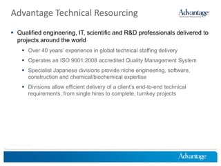 Advantage Technical Resourcing
 Qualified engineering, IT, scientific and R&D professionals delivered to
  projects around the world
         Over 40 years’ experience in global technical staffing delivery
         Operates an ISO 9001:2008 accredited Quality Management System
         Specialist Japanese divisions provide niche engineering, software,
          construction and chemical/biochemical expertise
         Divisions allow efficient delivery of a client’s end-to-end technical
          requirements, from single hires to complete, turnkey projects




HireThinking.com
 