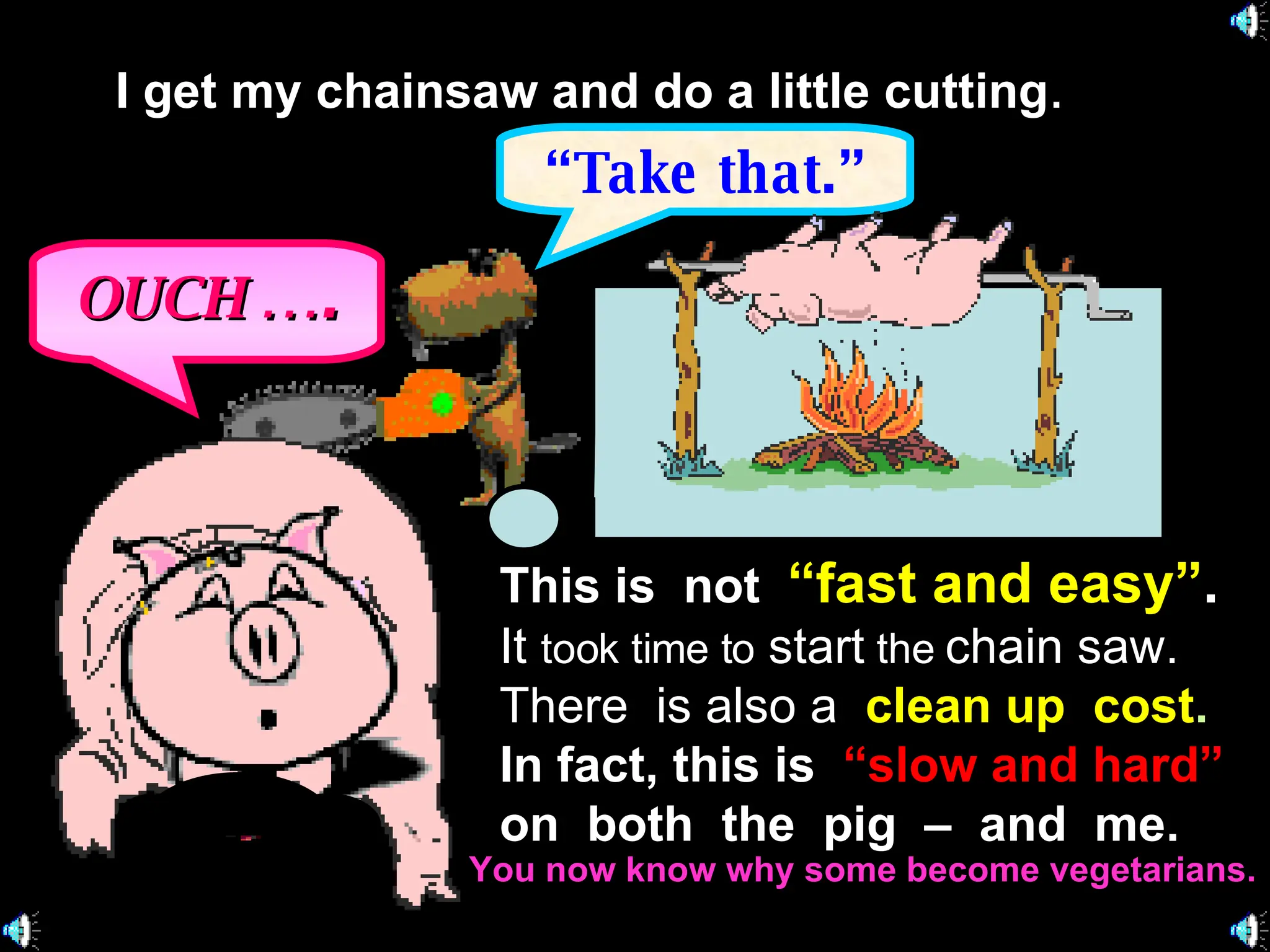 I get my chainsaw and do a little cutting .   “ Take that.” This is  not  “fast and easy” .   It  took time to  start  the  chain saw. There  is also a   clean up  cost . In fact, this is   “slow and hard” on  both  the  pig  –  and  me. OUCH  …. You now know why some become vegetarians. 