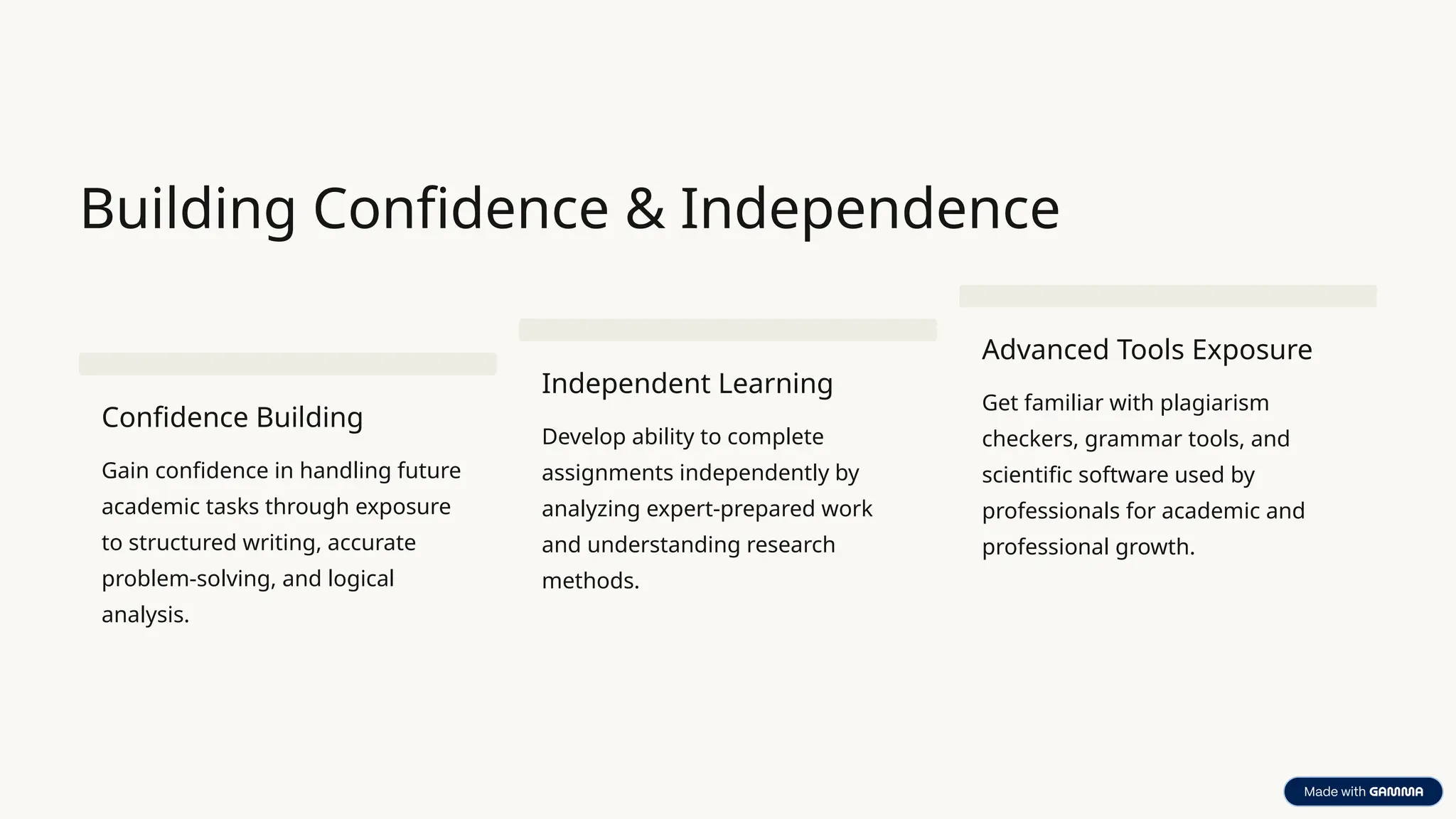 Building Confidence & Independence
Confidence Building
Gain confidence in handling future
academic tasks through exposure
to structured writing, accurate
problem-solving, and logical
analysis.
Independent Learning
Develop ability to complete
assignments independently by
analyzing expert-prepared work
and understanding research
methods.
Advanced Tools Exposure
Get familiar with plagiarism
checkers, grammar tools, and
scientific software used by
professionals for academic and
professional growth.
 