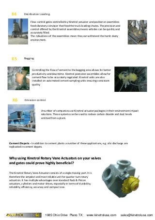 Cement Depots -Cement Depots - In addition to cement plants a number of these applications, e.g. silo discharge are
replicated in cement depots.
K4 Distribution Loading.
Flow control gates controlled by Kinetrol actuator and positioner assemblies
feed vibratory conveyor that feed the truck loading chutes. The precision and
control offered by the Kinetrol assemblies means vehicles can be quickly and
accurately filled.
The robustness of the assemblies mean they can withstand the harsh dusty
environment.
K5 Bagging.
Controlling the flow of cement to the bagging area allows for better
productivity and downtime. Kinetrol postioner assemblies allow for
cement flow to be accurately regulated. Kinetrol units are also
installed on automated cement sampling units ensuring consistant
quality.
K6 Emission control.
A number of companies use Kinetrol actuator packages in their environment impact
solutions. These systems can be used to reduce carbon dioxide and dust levels
emitted from a plant.
Why using Kinetrol Rotary Vane Actuators on your valvesWhy using Kinetrol Rotary Vane Actuators on your valves
and gates could prove highly beneficial?and gates could prove highly beneficial?
The Kinetrol Rotary Vane Actuator consists of a single moving part. It is
therefore the simplest and most reliable unit for quarter turn rotary
actuation. It has multiple advantages over standard Rack & Pinion
actuators, cylinders and motor drives, especially in terms of durability,
reliability, efficiency, accuracy and compact size.
1085 Ohio Drive Plano TX www.kinetrolusa.com sales@kinetrolusa.com
 