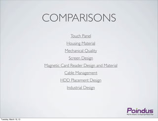 COMPARISONS
                                      Touch Panel
                                    Housing Material
                                   Mechanical Quality
                                     Screen Design
                        Magnetic Card Reader Design and Material
                                  Cable Management
                                HDD Placement Design
                                    Industrial Design




Tuesday, March 19, 13
 