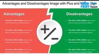 Advantages and Disadvantages Image with Plus and Minus Sign
Advantages
▪ This slide is 100% editable. Adapt it to your
needs and capture your audience's attention.
▪ This slide is 100% editable. Adapt it to your
needs and capture your audience's attention.
▪ This slide is 100% editable. Adapt it to your
needs and capture your audience's attention.
▪ This slide is 100% editable. Adapt it to your
needs and capture your audience's attention.
Disadvantages
▪ This slide is 100% editable. Adapt it to your
needs and capture your audience's attention.
▪ This slide is 100% editable. Adapt it to your
needs and capture your audience's attention.
▪ This slide is 100% editable. Adapt it to your
needs and capture your audience's attention.
▪ This slide is 100% editable. Adapt it to your
needs and capture your audience's attention.
 