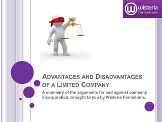 Advantages and Disadvantages of a Limited Company  A summary of the arguments for and against company incorporation, brought to you by Wisteria Formations. 