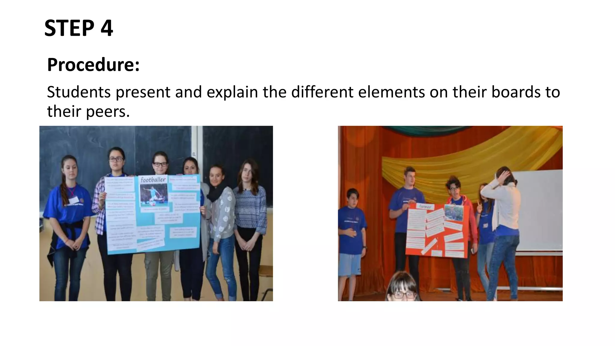 STEP 4
Procedure:
Students present and explain the different elements on their boards to
their peers.
 