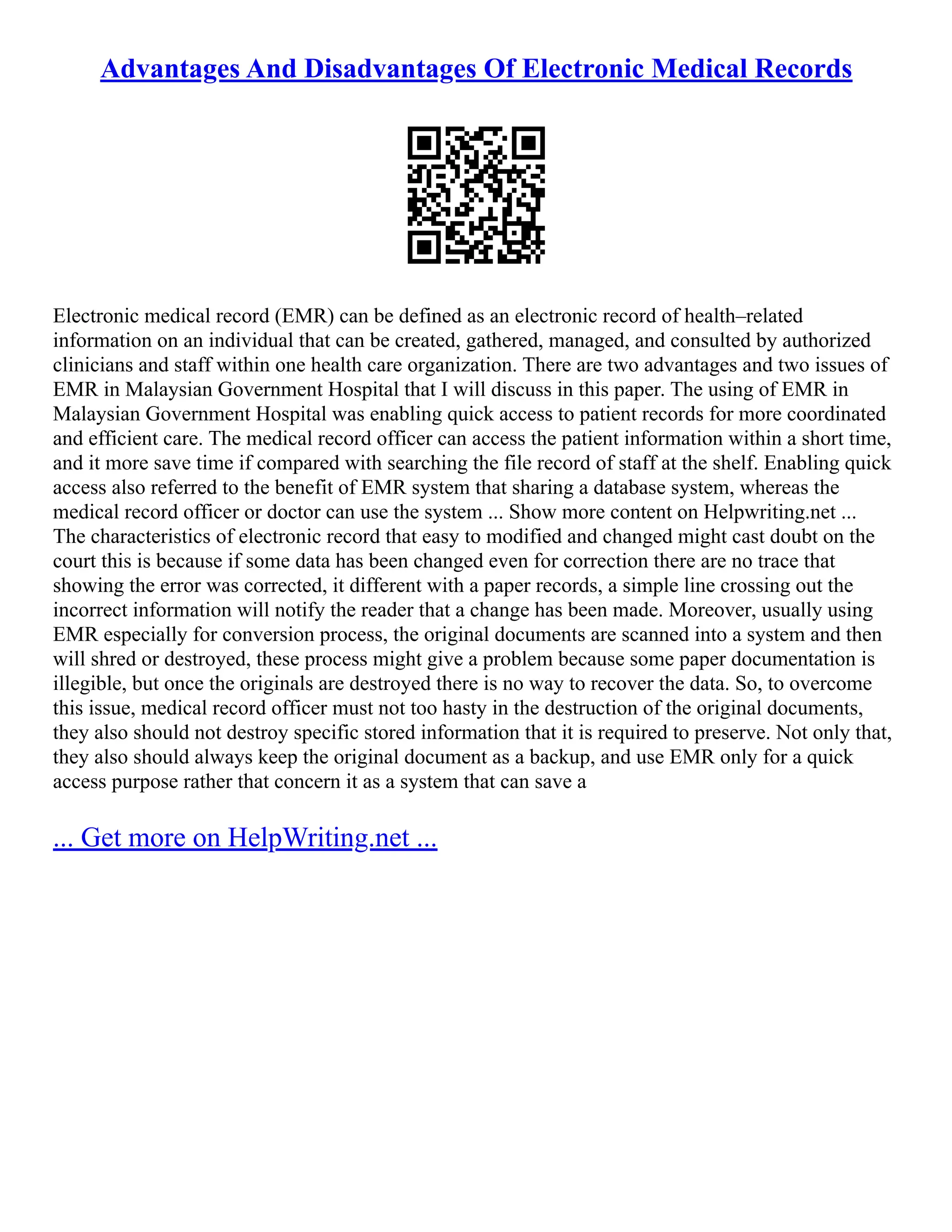 Advantages And Disadvantages Of Electronic Medical Records PDF