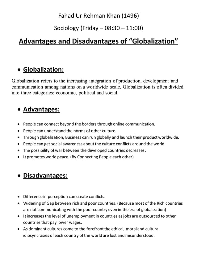 advantages and disadvantages of globalization essay brainly