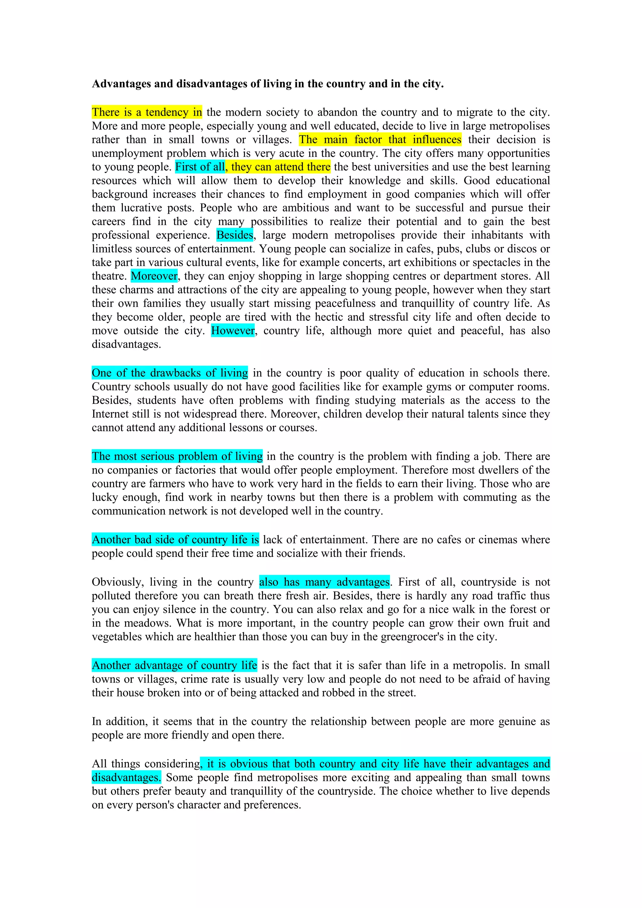 Advantages and disadvantages of living in the country and in the city PDF