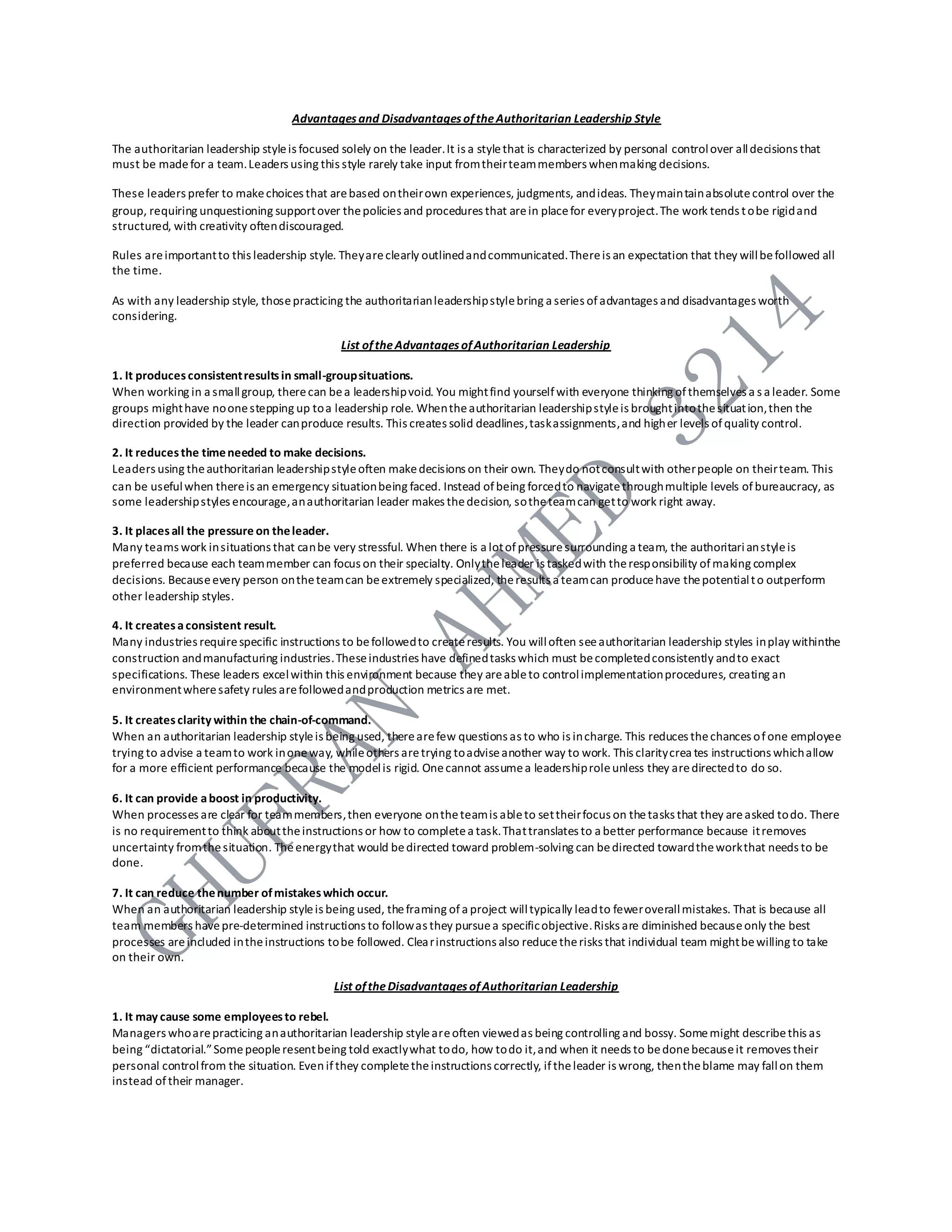 Advantages and disadvantages of the authoritarian leadership style | DOCX