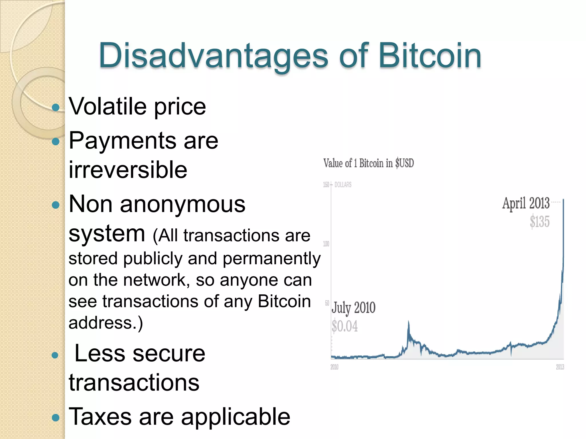 Advantages,disadvantages,applications and economic aspects of bitcoin | PPTX