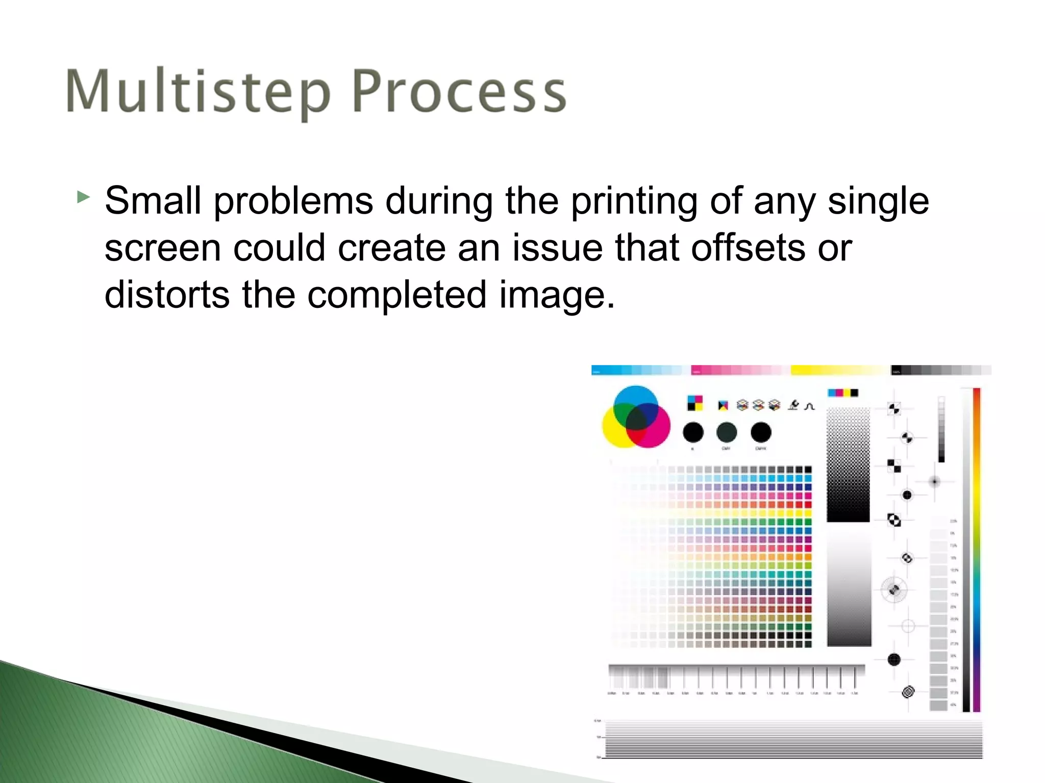    Small problems during the printing of any single
    screen could create an issue that offsets or
    distorts the completed image.
 