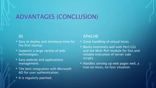 ADVANTAGES (CONCLUSION)
IIS
• Easy to deploy and minimum time for
the first startup.
• Supports a large variety of web
technologies.
• Easy website and applications
management.
• The best integration with Microsoft
AD for user authentication.
• It is regularly patched.
APACHE
• Great handling of virtual hosts.
• Works extremely well with Perl/CGI
and the Mod-Perl module for fast and
reliable execution of server side
scripts.
• Handles serving up web pages well, a
true no muss, no fuss situation.
 