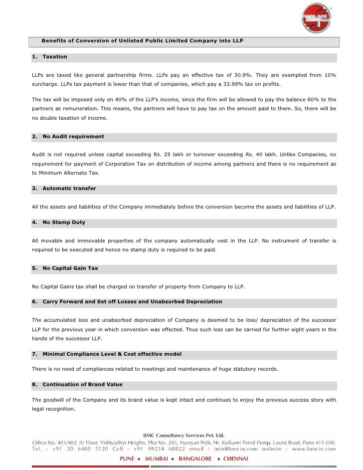 Advantages Of Conversion Of Unlisted Public Company Into Llp In Bangalore