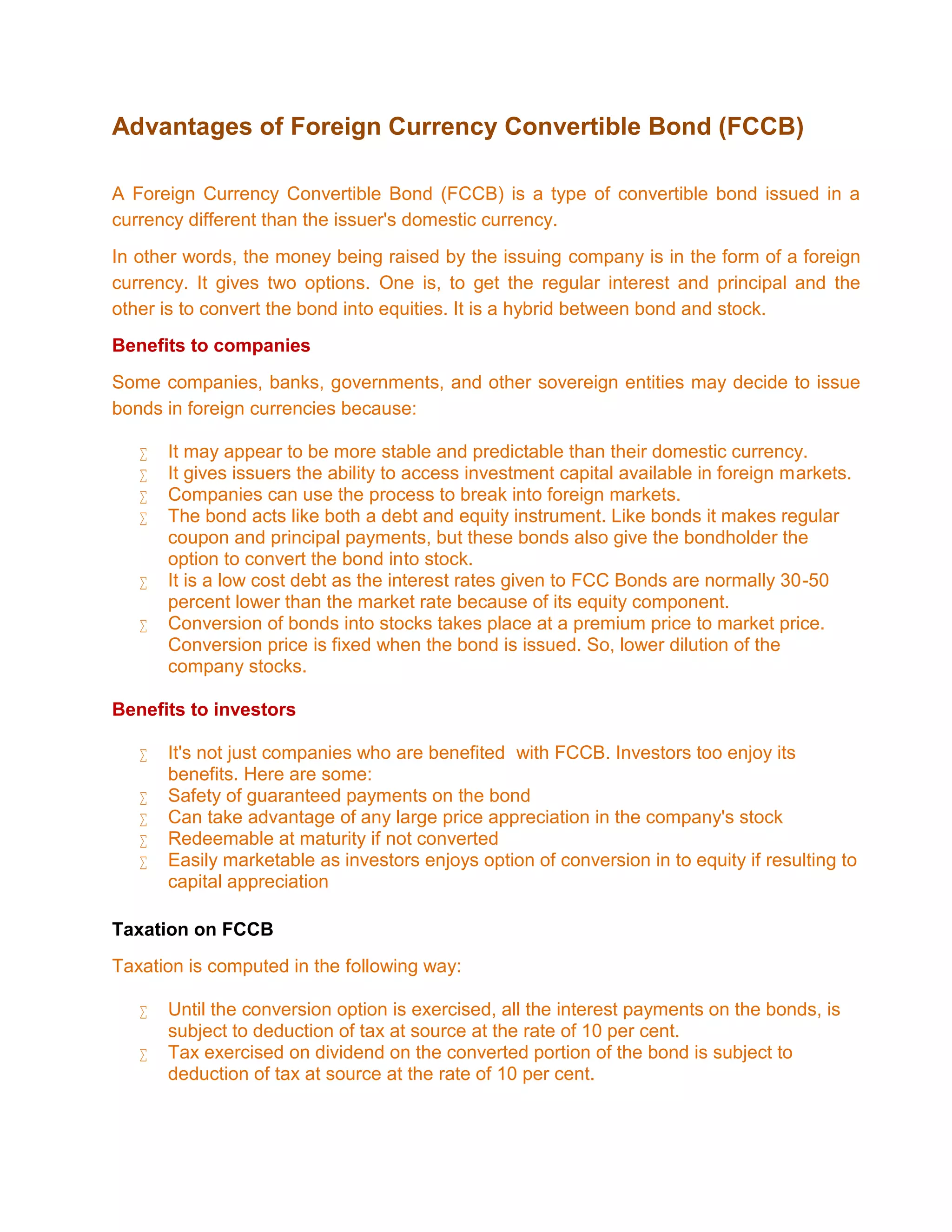 Advantages of foreign currency convertible bond (fccb) PDF