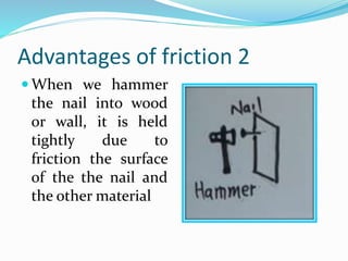 Advantages of friction 2
 When we hammer
the nail into wood
or wall, it is held
tightly due to
friction the surface
of the the nail and
the other material
 