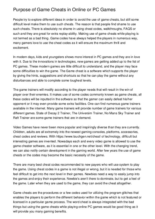 Purpose of Game Cheats in Online or PC Games