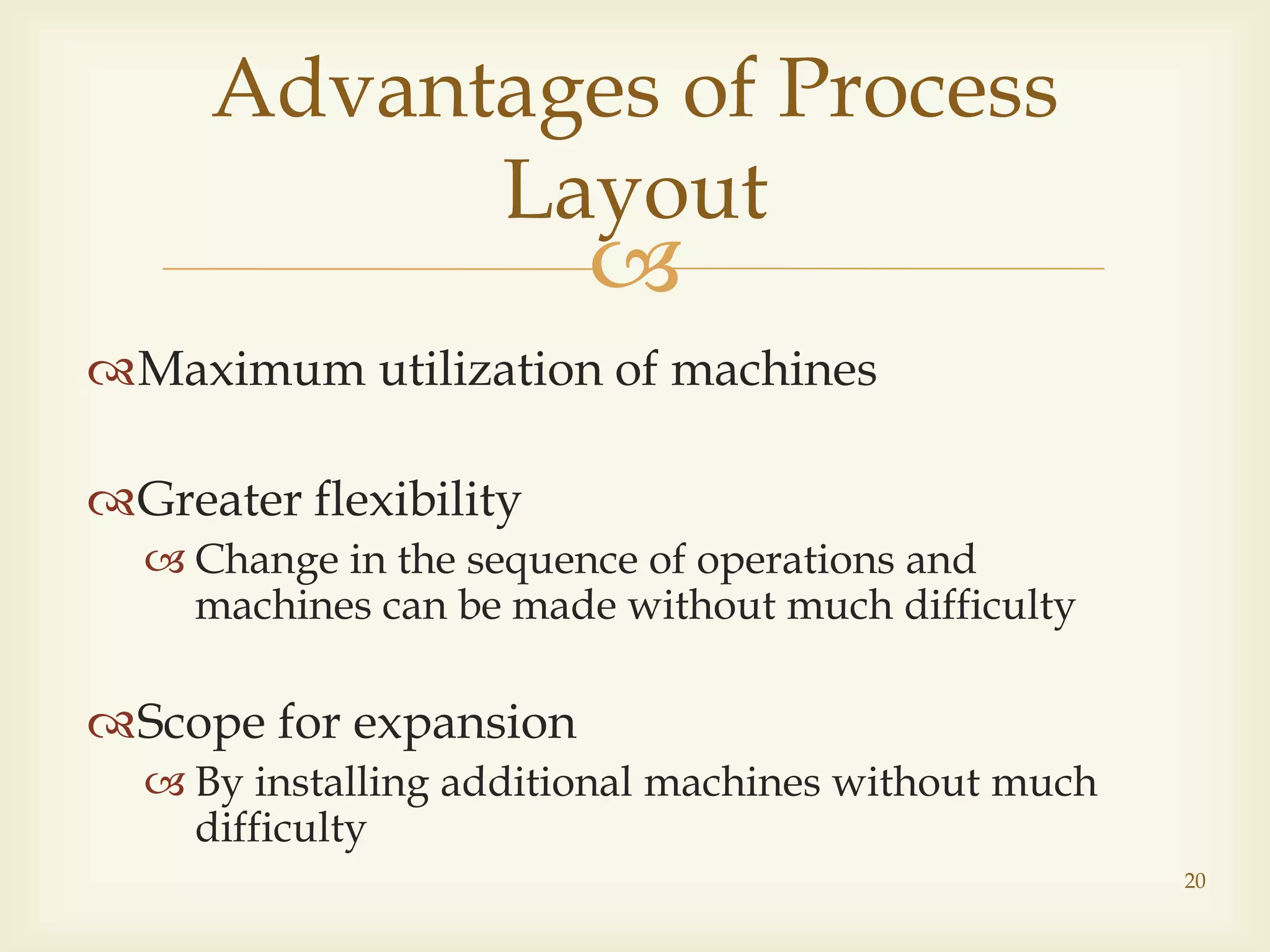 
Maximum utilization of machines
Greater flexibility
 Change in the sequence of operations and
machines can be made without much difficulty
Scope for expansion
 By installing additional machines without much
difficulty
Advantages of Process
Layout
20
 