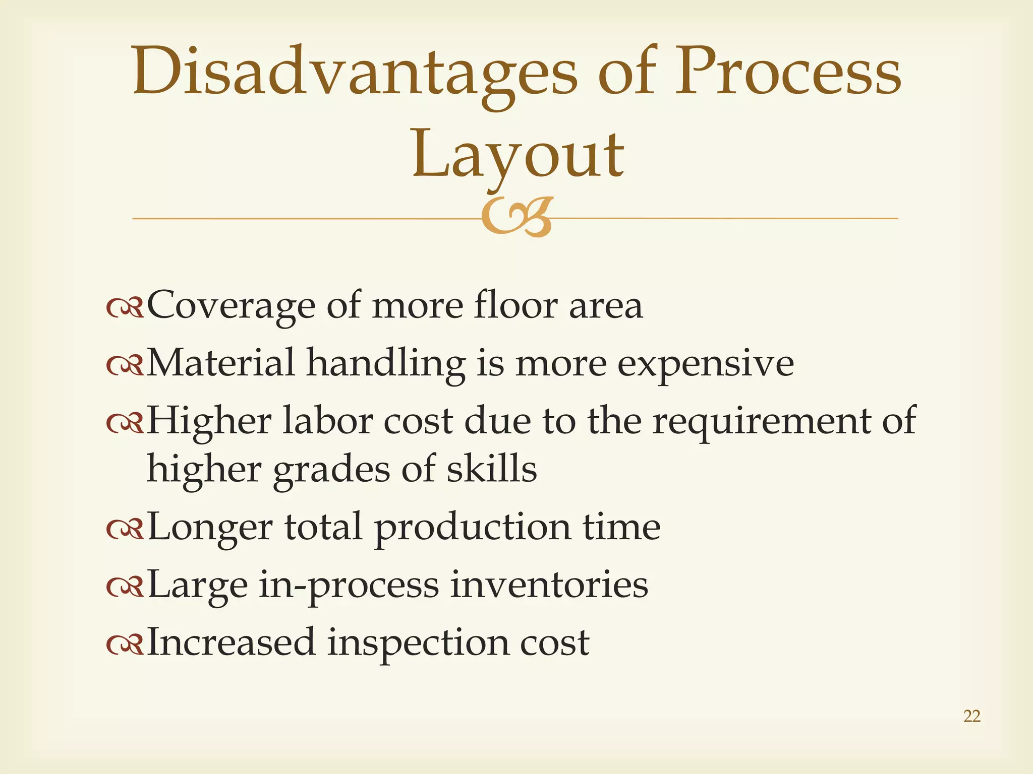 
Coverage of more floor area
Material handling is more expensive
Higher labor cost due to the requirement of
higher grades of skills
Longer total production time
Large in-process inventories
Increased inspection cost
Disadvantages of Process
Layout
22
 