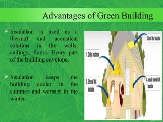 Advantages of Green Building
 Insulation is used as a
thermal and acoustical
solution in the walls,
ceilings, floors. Every part
of the building envelope.
 Insulation keeps the
building cooler in the
summer and warmer in the
winter.
 