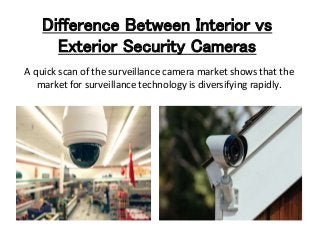 Difference Between Interior vs
Exterior Security Cameras
A quick scan of the surveillance camera market shows that the
market for surveillance technology is diversifying rapidly.
 