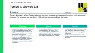Overview
Challenge Solution Results
+ Read Story
2015 / SLES / Agriculture / New Zealand
Turners & Growers is New Zealand’s leading distributor, marketer and exporter of premium fresh agricultural
produce. The company was founded in 1897 and has operations all over the world.
Turners & Growers Ltd
• Realized that migration its SAP applications
to IBM DB2 database running on Linux
would enable it to significantly reduce its
SAP licensing costs and deliver valuable
performance improvements
• IT team was having to spend a significant
amount of time applying patches and
servies packs to its Windows systems to
protect them from the latest security
threats, which required downtime for SAP
applications.
• Turners & Growers decided to migrate its
SAP applications to IBM DB2 on SUSE
Linux Enterprise Server, and at the same
time to complete the Unicode conversion
required to ensure that its SAP applications
could properly support its global business.
• Increased performance of business-critical
SAP applications by around 15 percent
• Significantly reduced the company’s SAP
license fees
• Cut 60 percent from OS licensing costs
• Cut time spent applying security patches by
60 percent
 