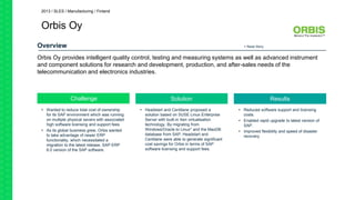 Overview
Challenge Solution Results
+ Read Story
2013 / SLES / Manufacturing / Finland
Orbis Oy provides intelligent quality control, testing and measuring systems as well as advanced instrument
and component solutions for research and development, production, and after-sales needs of the
telecommunication and electronics industries.
Orbis Oy
• Wanted to reduce total cost of ownership
for its SAP environment which was running
on multiple physical severs with associated
high software licensing and support fees.
• As its global business grew, Orbis wanted
to take advantage of newer ERP
functionality, which necessitated a
migration to the latest release, SAP ERP
6.0 version of the SAP software.
• Headstart and Centilane proposed a
solution based on SUSE Linux Enterprise
Server with built-in Xen virtualisation
technology. By migrating from
Windows/Oracle to Linux* and the MaxDB
database from SAP, Headstart and
Centilane were able to generate significant
cost savings for Orbis in terms of SAP
software licensing and support fees.
• Reduced software support and licensing
costs.
• Enabled rapid upgrade to latest version of
SAP.
• Improved flexibility and speed of disaster
recovery.
 