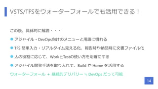VSTS/TFSをウォーターフォールでも活用できる！
この後、具体的に解説・・・
 アジャイル・DevOps向けのメニューと用語に慣れる
 TFS 簡単入力・リアルタイム見える化、報告時や納品時に文書ファイル化
 人の役割に応じて、WorkとTestの使い方を明確にする
 アジャイル開発手法を取り入れて、Build や Home を活用する
ウォーターフォール ＋ 継続的デリバリー ≒ DevOps だって可能
14
 