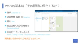 Workの基本は「その期間に何をするか？」
 誰が Assigned To
 この期間（週）に Iteration
 何を Task
 あとどれくらいの時間で
Remaining Work
 やるか？ やっているか？
To Do / Doing / Done ( Proposed / Active / Resolved / Closed )
開発者は自分のタスクを完了させていく
17
 