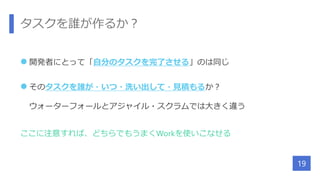 タスクを誰が作るか？
 開発者にとって「自分のタスクを完了させる」のは同じ
 そのタスクを誰が・いつ・洗い出して・見積もるか？
ウォーターフォールとアジャイル・スクラムでは大きく違う
ここに注意すれば、どちらでもうまくWorkを使いこなせる
19
 