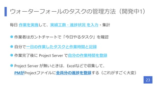 ウォーターフォールのタスクの管理方法（開発中1）
毎日 作業を実施して、実績工数・進捗状況 を入力・集計
 作業者はガントチャートで「今日やるタスク」を確認
 自分で一日の作業したタスクと作業時間と記録
 作業完了後に Project Server で自分の作業時間を登録
 Project Server が無いときは、Excelなどで収集して、
PMがProjectファイルに全員分の進捗を登録する（これがすごく大変）
23
 