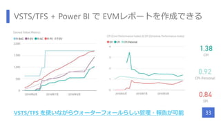 VSTS/TFS + Power BI で EVMレポートを作成できる
VSTS/TFS を使いながらウォーターフォールらしい管理・報告が可能 33
 