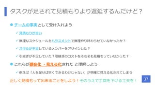 タスクが足されて見積もりより遅延するんだけど？
 チームの事実として受け入れよう
 見積もりが甘い
 無理なスケジュールをハラスメントで無理やり終わらせていなかったか？
 スキルが不足しているメンバーをアサインした？
 引継ぎが不足していた？引継ぎのコストをそもそも見積もっていなかった？
 これらが顕在化 ・見える化された と理解しよう
 例えば「人を足せば早くできるわけじゃない」が明確に見える化されてしまう
正しく見積もって出来ることをしよう！そのうえで工数を下げる工夫を！ 37
 