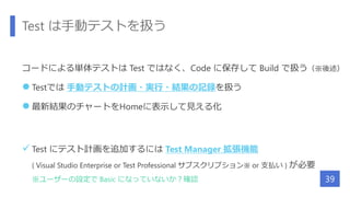 Test は手動テストを扱う
コードによる単体テストは Test ではなく、Code に保存して Build で扱う（※後述）
 Testでは 手動テストの計画・実行・結果の記録を扱う
 最新結果のチャートをHomeに表示して見える化
 Test にテスト計画を追加するには Test Manager 拡張機能
( Visual Studio Enterprise or Test Professional サブスクリプション※ or 支払い ) が必要
※ユーザーの設定で Basic になっていないか？確認 39
 