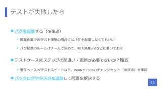テストが失敗したら
 バグを起票する（※後述）
 開発作業中のテスト実施の場合にはバグを起票しなくてもいい
 バグ起票のルールはチームで決めて、README.mdなどに書いておく
 テストケースのステップの間違い・更新が必要でないか？確認
 要件ベースのテストスイートなら、WorkとCodeのチェンジセット（※後述）を確認
 バックログやタスクを追加して問題を解決する
45
 