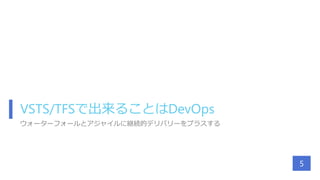 VSTS/TFSで出来ることはDevOps
ウォーターフォールとアジャイルに継続的デリバリーをプラスする
5
 