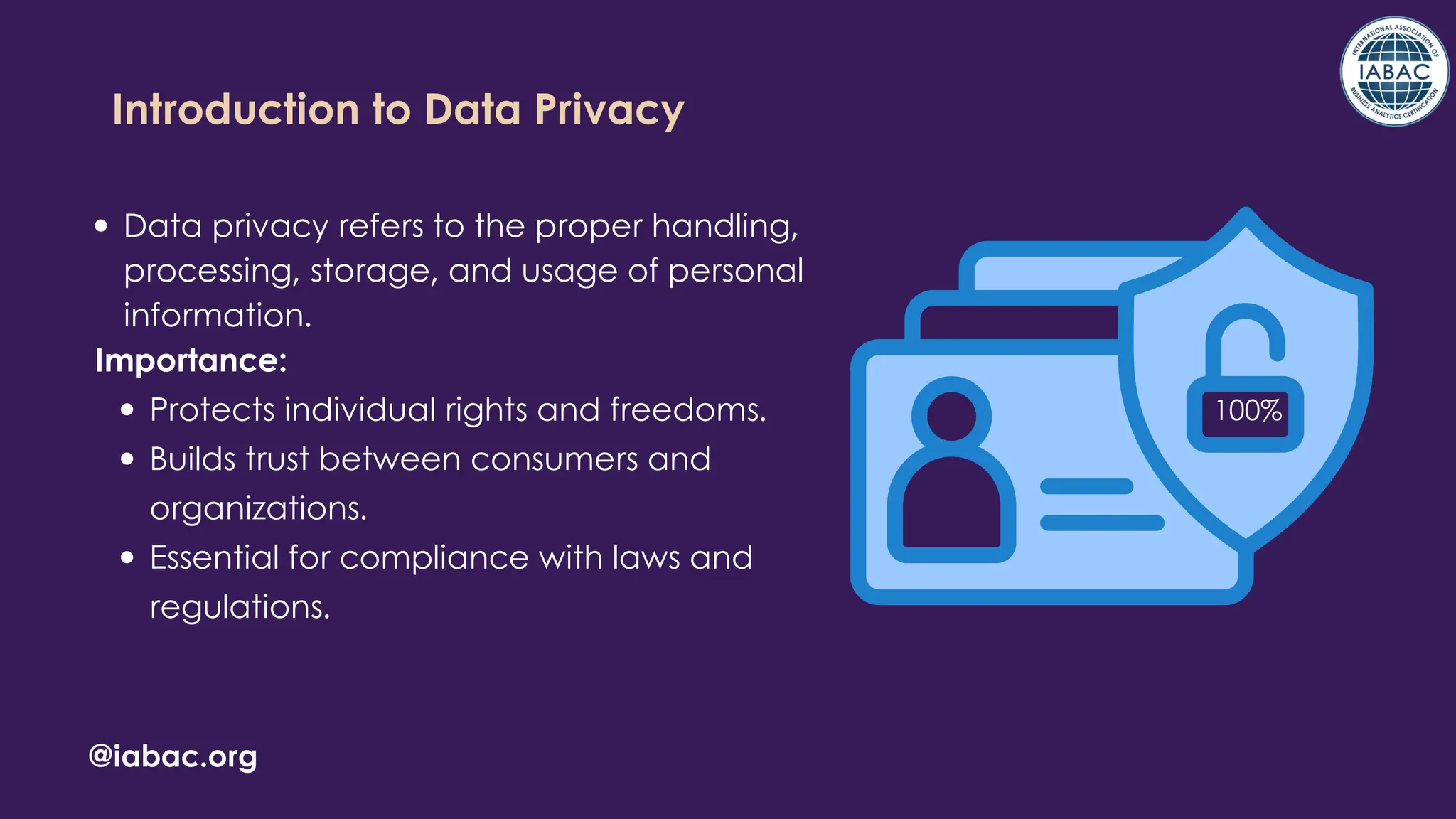 Introduction to Data Privacy
Data privacy refers to the proper handling,
processing, storage, and usage of personal
information.
Importance:
Protects individual rights and freedoms.
Builds trust between consumers and
organizations.
Essential for compliance with laws and
regulations.
100%
@iabac.org
 