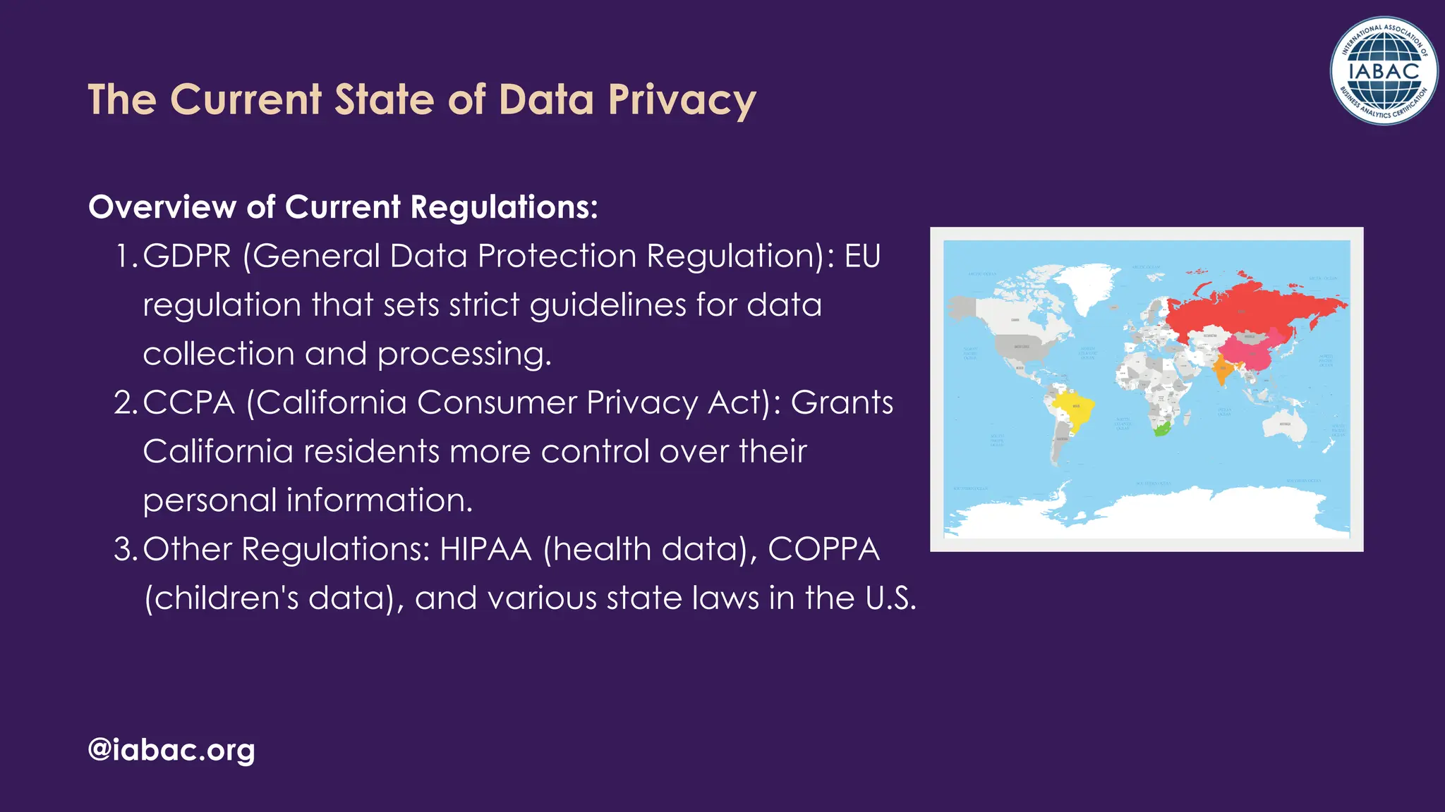 Overview of Current Regulations:
GDPR (General Data Protection Regulation): EU
regulation that sets strict guidelines for data
collection and processing.
1.
CCPA (California Consumer Privacy Act): Grants
California residents more control over their
personal information.
2.
Other Regulations: HIPAA (health data), COPPA
(children's data), and various state laws in the U.S.
3.
The Current State of Data Privacy
@iabac.org
 