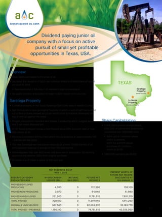 [ 1 ]
Guadalupe
County
TEXAS
Saratoga
Property
(Hardin County)
Overview:
•	 Goal: Stock correlated to the price of oil
•	 Declared first dividend of $0.01 per common share to shareholders
of record on  June 15, 2014
•	 Representative a 10% return of investor’s original investment
•	 Go public process underway
Saratoga Property
•	 Lucrative property in the Texas Saratoga
Salt Dome area in Hardin County
•	 Salt Domes are unique geological
features in which a vent of salt has
pushed up to form a dome shaped
structure which other formations
developed on top of and up
against the sides
•	 Property acquisition included land
leases, 1 producing and 2 plugged
wells and 1 salt water disposal well
•	 51-101 Reserve Report shows a Net
Present Value (10% discount rate) of
over $40 million of oil
•	 April 2014 completed drilling our first
well which is currently producing
70 barrels of oil per day
•	 The first Saratoga well has proven
reserves of almost 70,000 barrels of
oil with possible reserves in excess of
over 100,000 barrels
•	 December 2014 drilled our second well
which has proven reserves of over
75,000 barrels of oil
•	 Net drilling cost per barrel of the well
was less than US$12 per barrel based
on proven reserves
RESERVE CATEGORY
ESCALATED CASE
NET RESERVES AS OF
NOV 1, 2013
FUTURE NET
INCOME $
PRESENT WORTH OF
FUTURE NET INCOME
DISCOUNTED AT
10%/ANNUM. $
HYDROCARBON
LIQUIDS (BBL)
NATURAL
GAS (MEF)
PROVED DEVELOPED
PRODUCING 4,380 0 172,390 138,100
PROVED NON PRODUCING 2,970 0 64,040 51,980
PROVED UNDEVELOPED 221,260 0 11,761,510 7,651,210
TOTAL PROVED 228.610 0 11,997,940 7,841,290
PROBABLE UNDEVELOPED 967,580 0 62,653,870 35,183,770
TOTAL PROVED + PROBABLE 1,196,190 0 74,761,810 43,025,060
Junior oil company with
a focus on active pursuit of small
yet profitable opportunities
	 in Texas, USA.
Share
Capitalization
•	 50,322,235 common
shares issued
•	 62,492,521 fully diluted
 