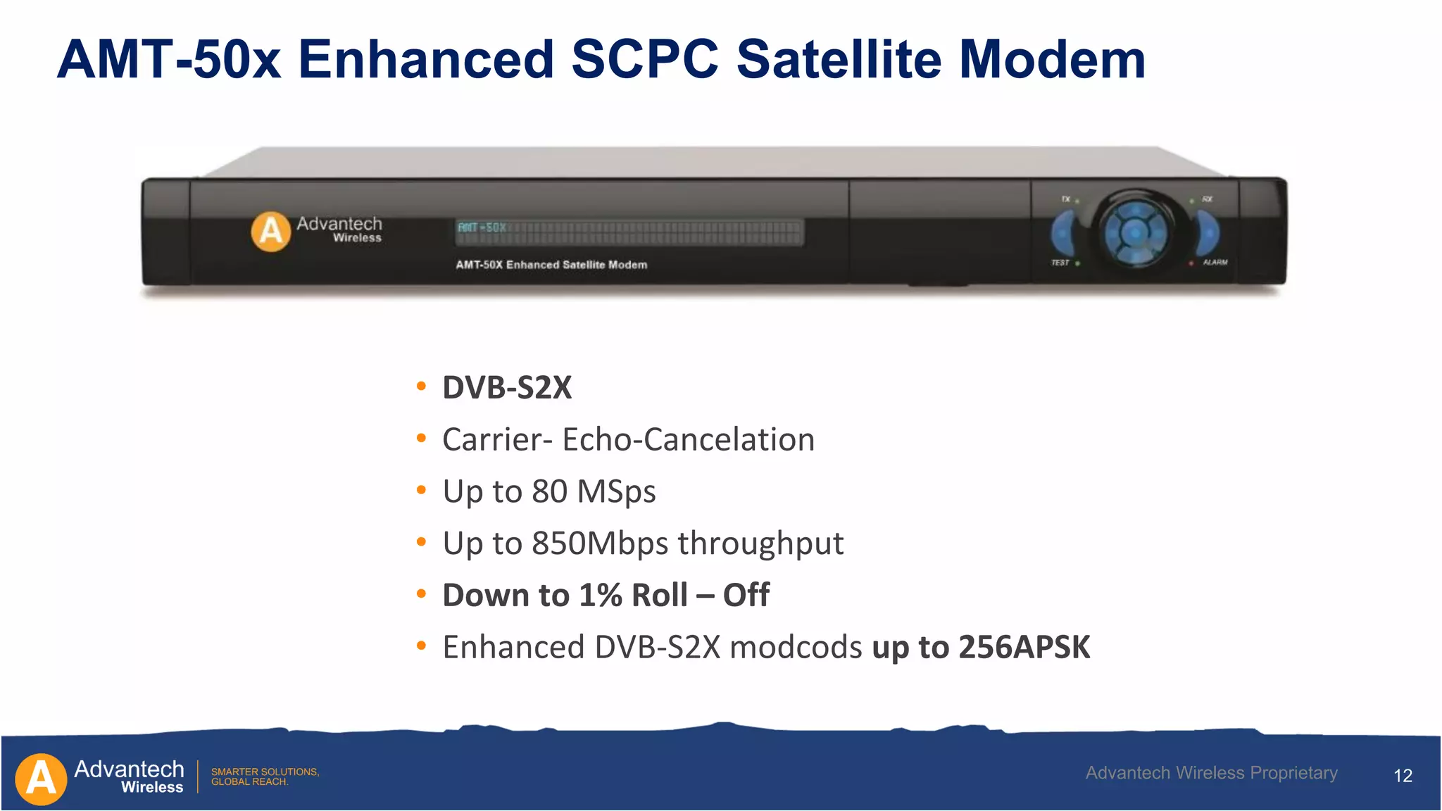 12Advantech Wireless Proprietary
AMT-50x Enhanced SCPC Satellite Modem
• DVB-S2X
• Carrier- Echo-Cancelation
• Up to 80 MSps
• Up to 850Mbps throughput
• Down to 1% Roll – Off
• Enhanced DVB-S2X modcods up to 256APSK
 