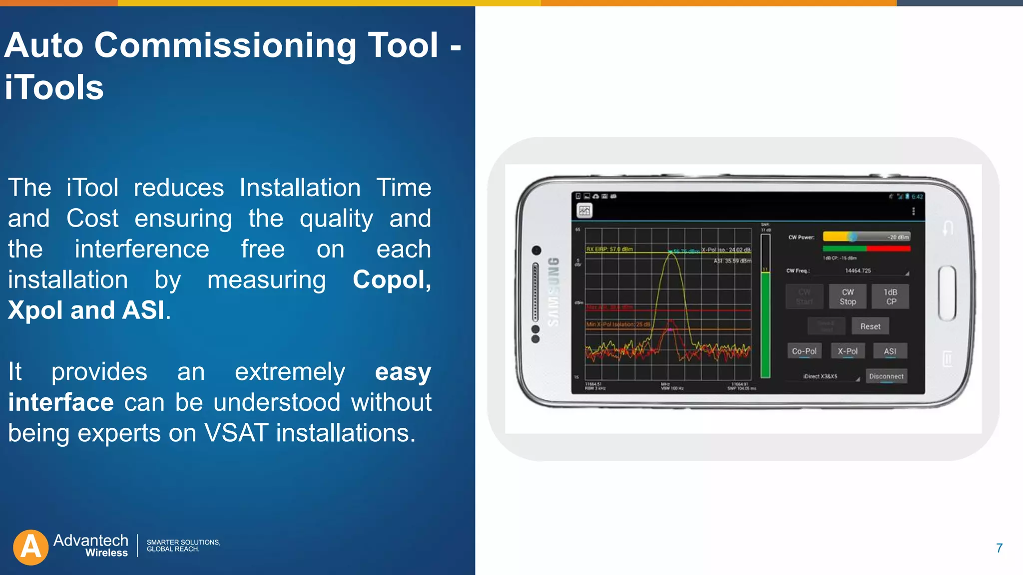7
The iTool reduces Installation Time
and Cost ensuring the quality and
the interference free on each
installation by measuring Copol,
Xpol and ASI.
It provides an extremely easy
interface can be understood without
being experts on VSAT installations.
Auto Commissioning Tool -
iTools
 