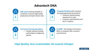 1
Advantech DNA
Zero touch Provisioning options
• Flexible software loading
and hardware configuring
options
- High Quality, Very customizable, No surprise Changes
DQA system testing available to
customers to ensure high quality
production and lower failure rates
Fix BOM – No changes to firmware,
BIOS, or hardware after customer
commitments
Complete flexibility with customer
testing/programing requirements
• Customer owned testing
equipment to meet
• Customer specified tests and
burn-in options
2
3 4
 