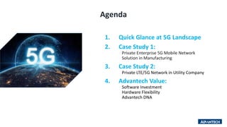 Agenda
1. Quick Glance at 5G Landscape
2. Case Study 1:
Private Enterprise 5G Mobile Network
Solution in Manufacturing
3. Case Study 2:
Private LTE/5G Network in Utility Company
4. Advantech Value:
Software Investment
Hardware Flexibility
Advantech DNA
 