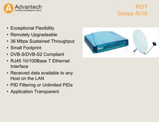 • Exceptional Flexibility
• Remotely Upgradeable
• 36 Mbps Sustained Throughput
• Small Footprint
• DVB-S/DVB-S2 Compliant
• RJ45 10/100Base T Ethernet
Interface
• Received data available to any
Host on the LAN
• PID Filtering or Unlimited PIDs
• Application Transparent
ROT
Series 4010
 