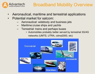 Broadband Mobility Overview
• Aeronautical, maritime and terrestrial applications
• Potential market for satcom:
– Aeronautical: widebody and business jets
– Maritime:cruise ships and yachts
– Terrestrial: trains and perhaps buses
• Automobiles probably better served by terrestrial 3G/4G
networks (UMTS, UTRA, cdma2000, etc)
 