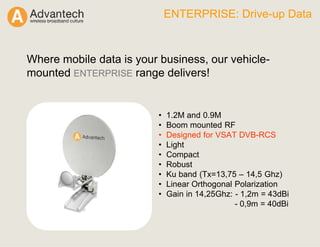 ENTERPRISE: Drive-up Data
Where mobile data is your business, our vehicle-
mounted ENTERPRISE range delivers!
• 1.2M and 0.9M
• Boom mounted RF
• Designed for VSAT DVB-RCS
• Light
• Compact
• Robust
• Ku band (Tx=13,75 – 14,5 Ghz)
• Linear Orthogonal Polarization
• Gain in 14,25Ghz: - 1,2m = 43dBi
- 0,9m = 40dBi
 