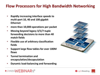 Flow Processors for High Bandwidth Networking
• Rapidly increasing interface speeds to
multi-port 10, 40 and 100 gigabit
Ethernet
• more than 10,000 operations per packet
• Moving beyond legacy 3/5/7-tuple
forwarding decisions to more than 40
match fields
• Flexible use of arbitrary classification
fields
• Support large flow tables for over 100M
flows
• Tunnel termination and
encapsulation/decapsulation
• Dynamic load-balancing and forwarding
 